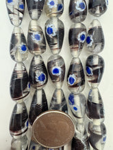 clear dark purple white blue, dot swirl motif, vintage stock glass, 22x11mm teardrop, 6" strand, SOLD PER STRAND