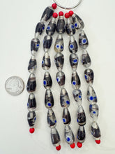clear dark purple white blue, dot swirl motif, vintage stock glass, 22x11mm teardrop, 6" strand, SOLD PER STRAND