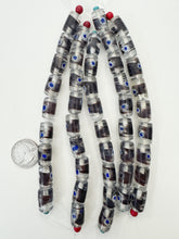 clear dark purple white blue, dot swirl motif, vintage stock glass, 18x12mm tube, 6" strand, SOLD PER STRAND