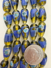 dark green yellow blue white, dot swirl motif, vintage stock glass, 21x11mm teardrop, 6" strand, SOLD PER STRAND