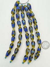 dark green yellow blue white, dot swirl motif, vintage stock glass, 21x11mm teardrop, 6" strand, SOLD PER STRAND