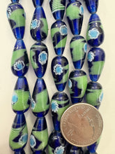 blue green white, dot swirl motif, vintage stock glass, 17x14mm teardrop, 6" strand, SOLD PER STRAND