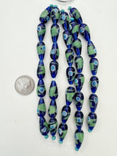 blue green white, dot swirl motif, vintage stock glass, 17x14mm teardrop, 6" strand, SOLD PER STRAND