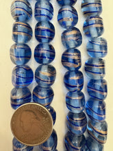 dark pale blue copper, swirl motif, vintage stock glass, 13mm 3 sided round, 6" strand, SOLD PER STRAND
