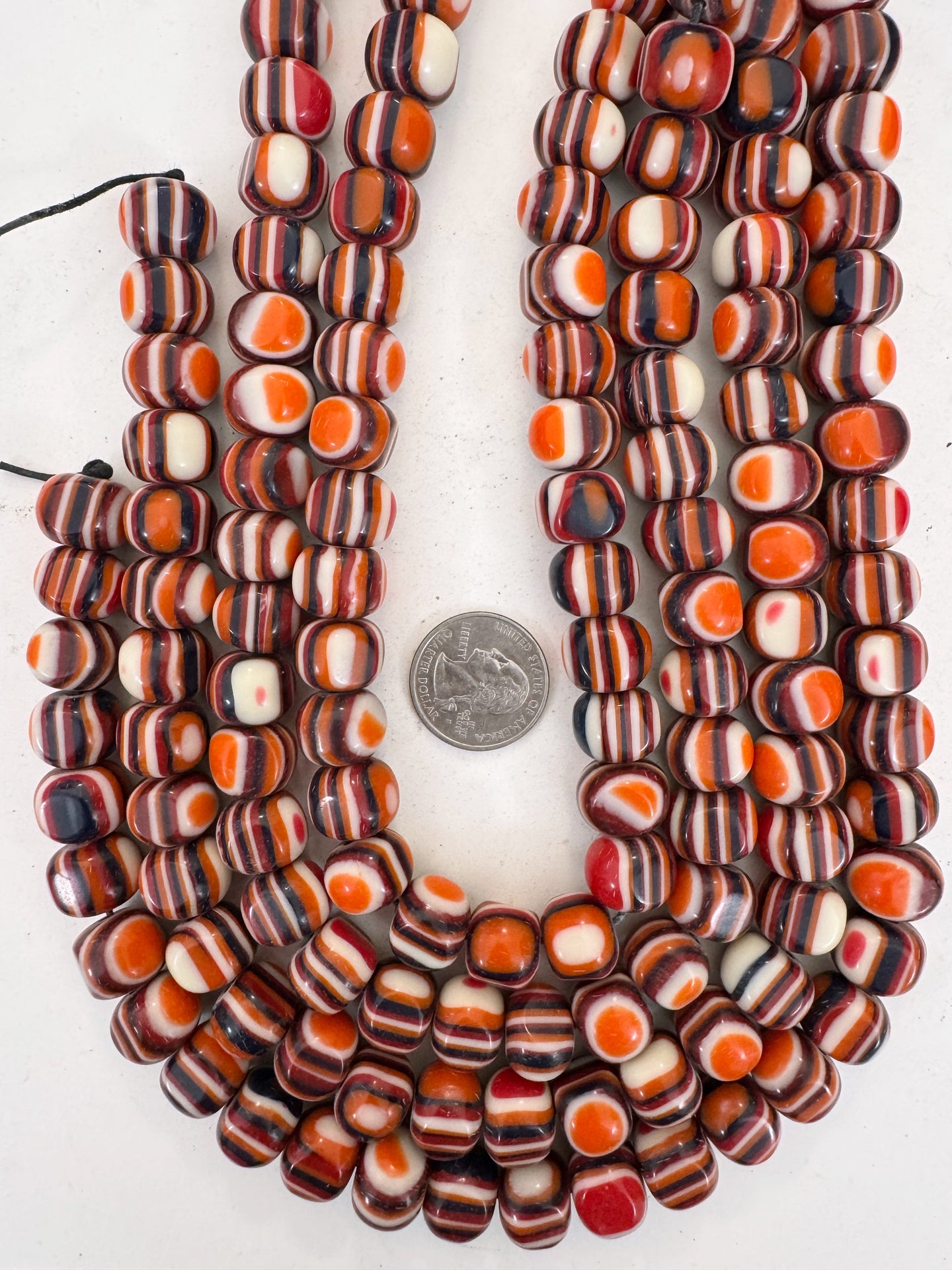 orange black white red stripe, vintage look resin, 15x12mm nugget rondelle, 15