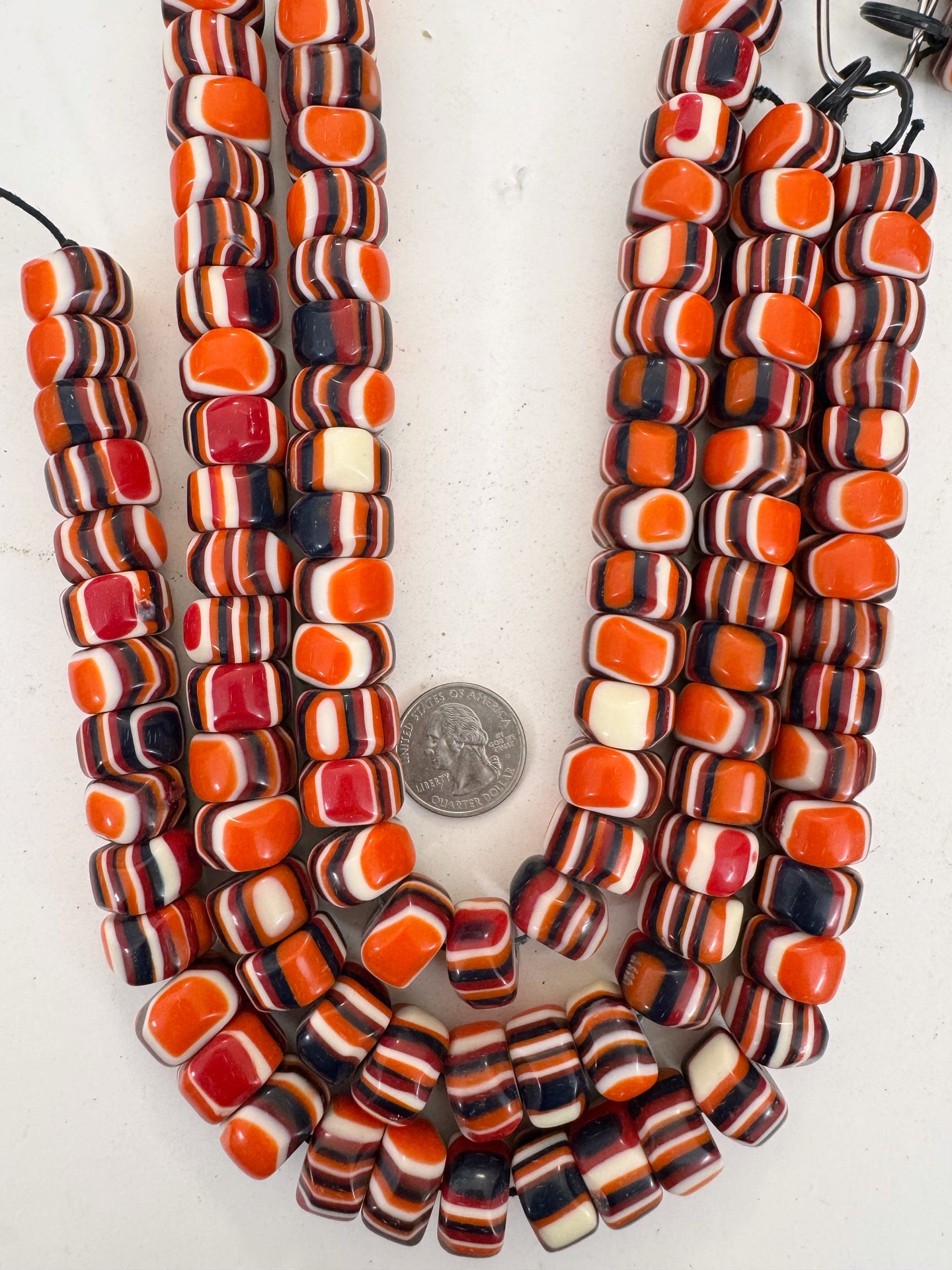 orange black white red stripe, vintage look resin, 17x11mm squared nugget rondelle, 15