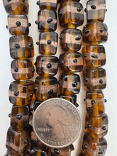 root beer brown black copper, dot swirl motif, vintage stock glass, 12mm cube, 6" strand, SOLD PER STRAND