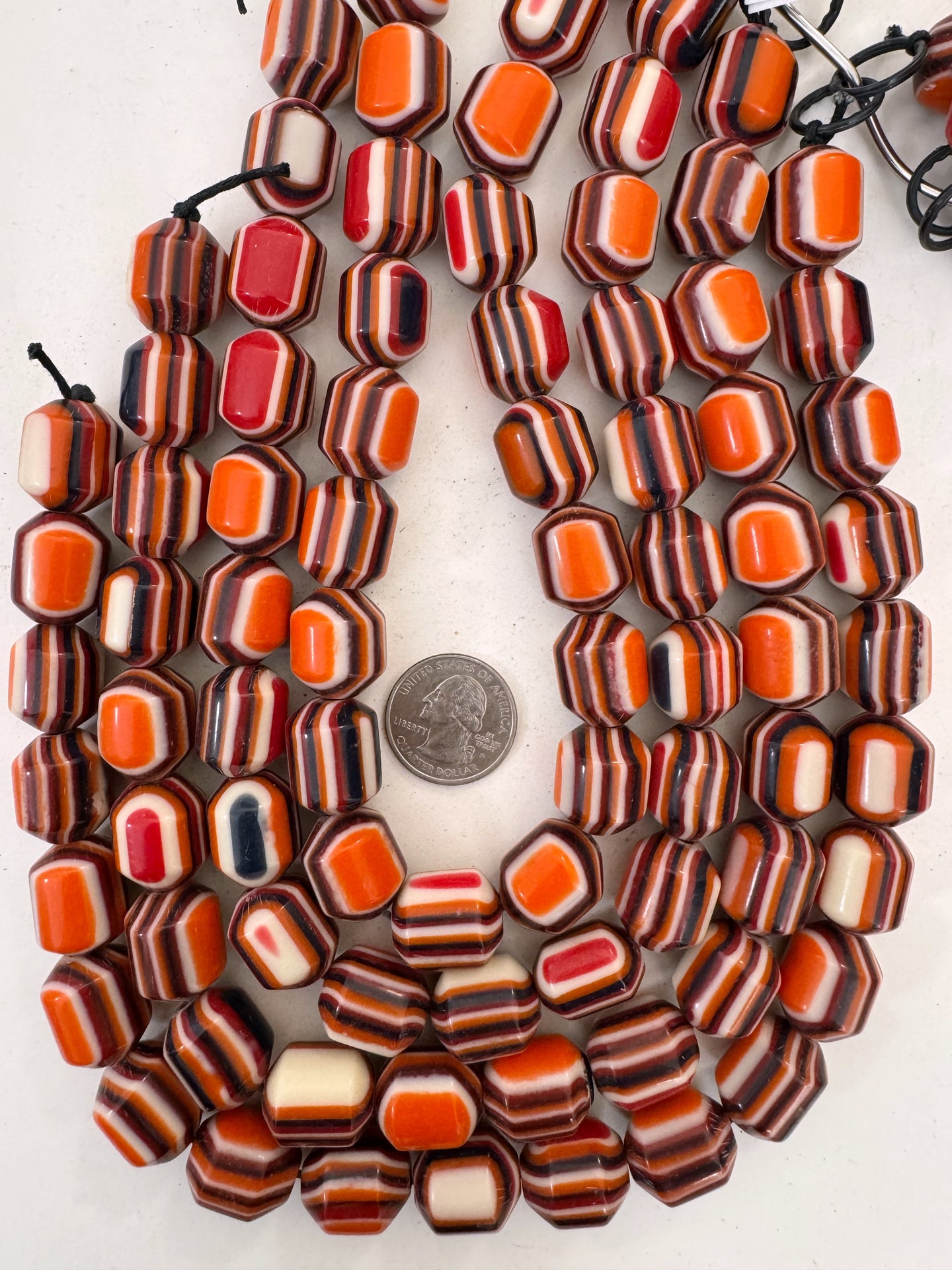 orange black white red stripe, vintage look resin, 19x16mm bicone, 15