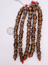 root beer brown black copper, dot swirl motif, vintage stock glass, 12mm cube, 6" strand, SOLD PER STRAND