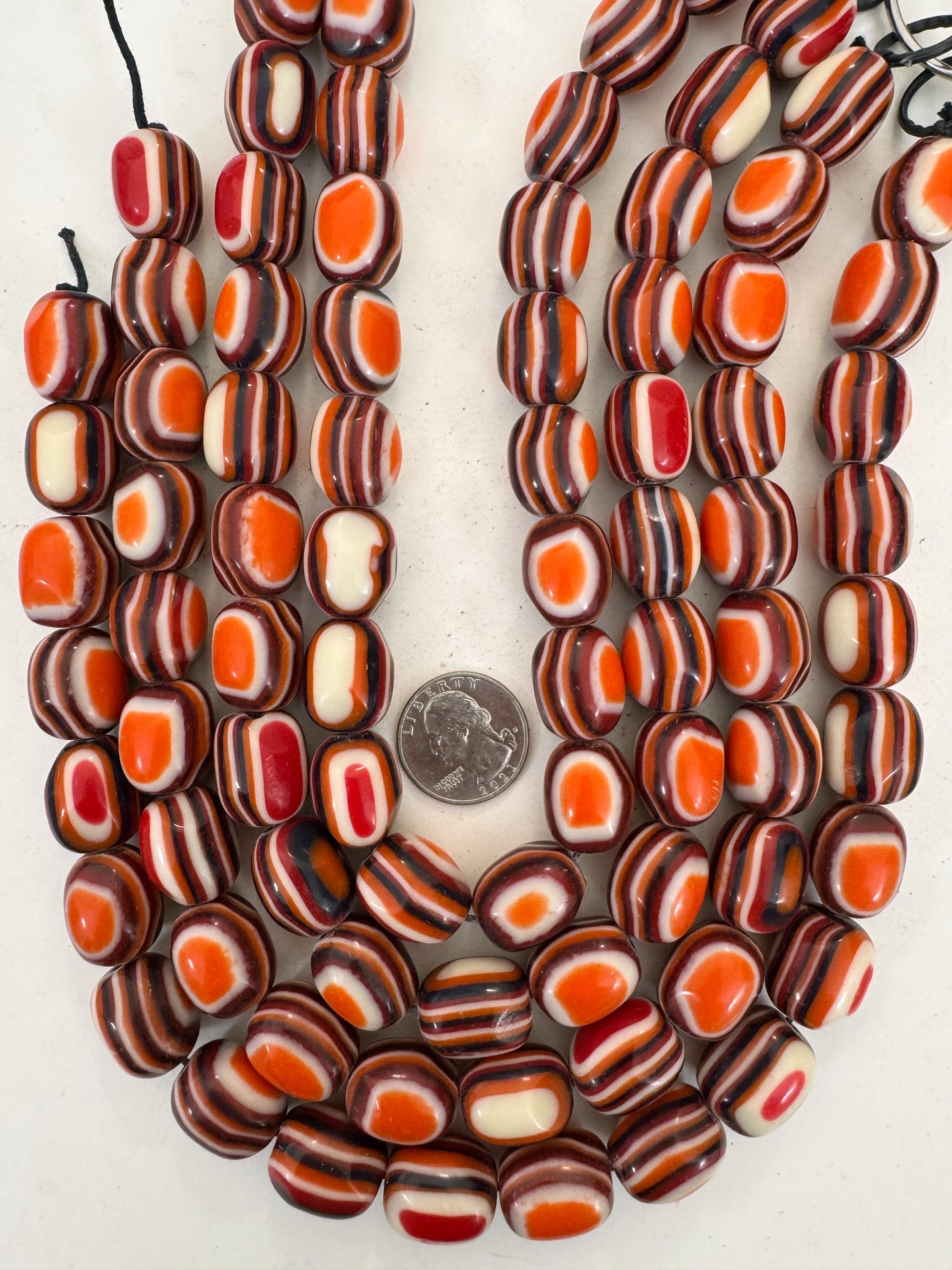 orange black white red stripe, vintage look resin, 19x16mm barrel nugget, 15
