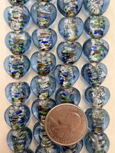 dark pale blue multi silver, inside lined motif, vintage stock glass, 15x15x8mm heart, 6" strand, SOLD PER STRAND