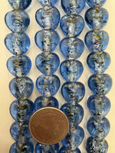 saturated dark pale blue multi silver, inside lined motif, vintage stock glass, 15x15x8mm heart, 6" strand, SOLD PER STRAND