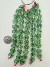 saturated dark pale green multi silver, inside lined motif, vintage stock glass, 15x15x8mm heart, 6" strand, SOLD PER STRAND