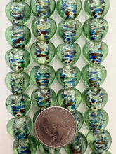 dark pale green multi silver, inside lined motif, vintage stock glass, 15x15x8mm heart, 6" strand, SOLD PER STRAND