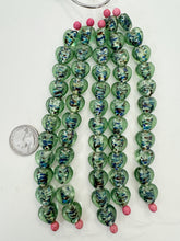 dark pale green multi silver, inside lined motif, vintage stock glass, 15x15x8mm heart, 6" strand, SOLD PER STRAND