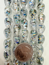 clear multi silver, inside lined motif, vintage stock glass, 13x10mm teardrop, 6" strand, SOLD PER STRAND