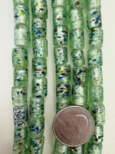 pale green multi silver, inside lined motif, vintage stock glass, 12x9mm barrel, 6" strand, SOLD PER STRAND