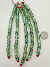 pale green multi silver, inside lined motif, vintage stock glass, 12x9mm barrel, 6" strand, SOLD PER STRAND