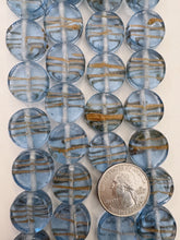 pale blue copper, swirl motif, vintage stock glass, 18x18x8mm coin, 15" strand, SOLD PER STRAND