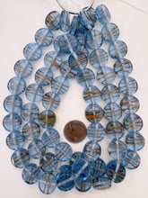 pale blue copper, swirl motif, vintage stock glass, 18x18x8mm coin, 15" strand, SOLD PER STRAND