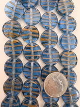 dark pale blue copper, swirl motif, vintage stock glass, 18x18x8mm coin, 15" strand, SOLD PER STRAND