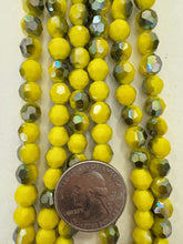 yellow, green gray ab coated, glass, 8mm fancy cut faceted round, 15" strand,  SOLD PER STRAND