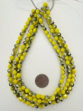 yellow, green gray ab coated, glass, 8mm fancy cut faceted round, 15" strand,  SOLD PER STRAND