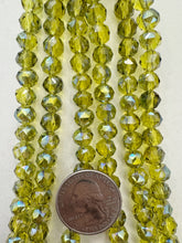 dark lime green, blue ab coated, glass, 8x7mm fancy cut faceted rondelle, 15" strand, SOLD PER STRAND