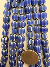 blue white black, chevron motif, matte finish, vintage stock glass, 8-11mm barrel mix, 15" strand, SOLD PER STRAND