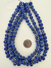 blue white black, chevron motif, matte finish, vintage stock glass, 8-11mm barrel mix, 15" strand, SOLD PER STRAND