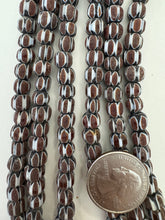 brown white black, chevron motif, matte finish, vintage stock glass, 7-8mm barrel mix, 15" strand, SOLD PER STRAND