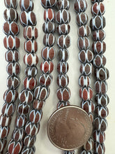 brown red white black, chevron motif, matte finish, vintage stock glass, 7-8mm barrel mix, 15" strand, SOLD PER STRAND