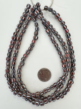 brown red white black, chevron motif, matte finish, vintage stock glass, 7-8mm barrel mix, 15" strand, SOLD PER STRAND