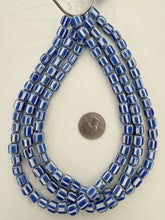 blue white black, chevron motif, vintage stock glass, 9x8mm barrel mix, 15" strand, SOLD PER STRAND