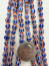 red white blue, chevron motif, vintage stock glass, 6-7mm bicone barrel mix, 15" strand, SOLD PER STRAND