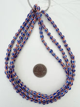 red white blue, chevron motif, vintage stock glass, 6-7mm bicone barrel mix, 15" strand, SOLD PER STRAND