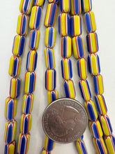 yellow red white blue, chevron motif, vintage stock glass, 12x6mm tube mix, 15" strand, SOLD PER STRAND