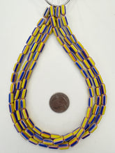 yellow red white blue, chevron motif, vintage stock glass, 12x6mm tube mix, 15" strand, SOLD PER STRAND