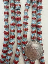 red white sky blue, chevron motif, semi dull finish, vintage stock glass, 8-9mm barrel mix, 15" strand, SOLD PER STRAND