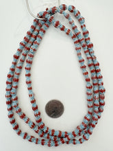 red white sky blue, chevron motif, semi dull finish, vintage stock glass, 8-9mm barrel mix, 15" strand, SOLD PER STRAND