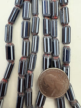white black copper red, chevron motif, semi dull finish, vintage stock glass, 16x7mm tube mix, 15" strand, SOLD PER STRAND