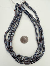 white black copper red, chevron motif, semi dull finish, vintage stock glass, 16x7mm tube mix, 15" strand, SOLD PER STRAND