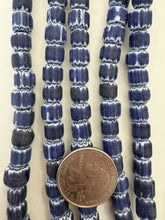 dark blue white, chevron motif, matte finish, vintage stock glass, 8mm barrel mix, 15" strand, SOLD PER STRAND