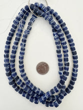 dark blue white, chevron motif, matte finish, vintage stock glass, 8mm barrel mix, 15" strand, SOLD PER STRAND