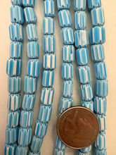 sky blue white, chevron motif,  vintage stock glass, 10x7mm barrel mix, 15" strand, SOLD PER STRAND