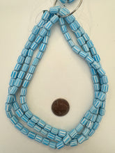 sky blue white, chevron motif,  vintage stock glass, 10x7mm barrel mix, 15" strand, SOLD PER STRAND