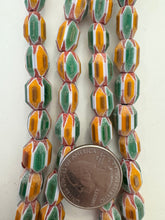 yellow green red white, chevron motif,  semi dull finish, vintage stock glass, 12x10mm barrel mix, 15" strand, SOLD PER STRAND