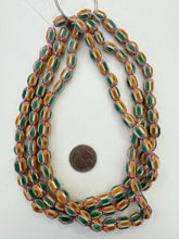 yellow green red white, chevron motif,  semi dull finish, vintage stock glass, 12x10mm barrel mix, 15" strand, SOLD PER STRAND