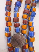 orange blue red white, chevron motif, vintage stock glass, 8-10mm barrel mix, 15" strand, SOLD PER STRAND