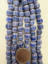 blue red white, chevron motif, matte finish, vintage stock glass, 8-11mm barrel mix, 15" strand, SOLD PER STRAND